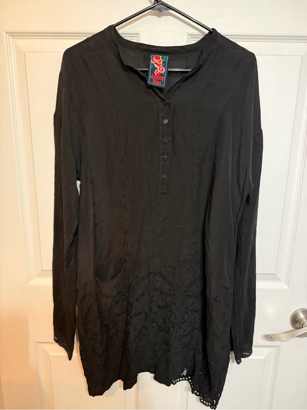Johnny Was Black Embroidered Henley Tunic